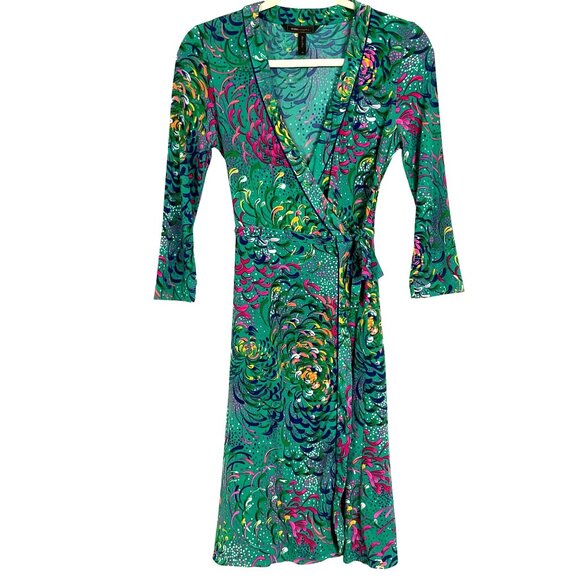 BCBGMaxazria Teal, Floral Wrap Dress, size XS, 95% Polyester & 5% Spandex - Picture 3 of 14
